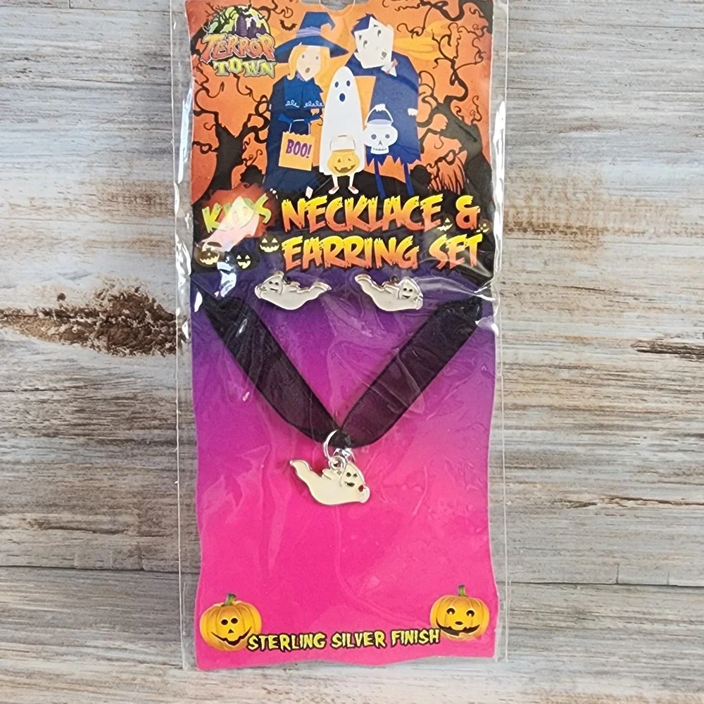 Terror Town Kids Ghost Necklace and Earring Set Halloween Sterling Silver Finish